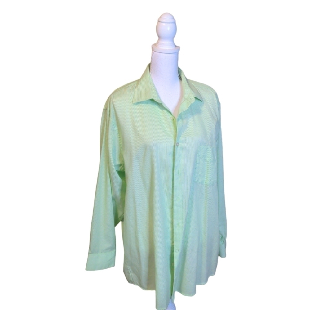 Geoffrey Beene‎ WRINKLE FREE PINPOINT Dress Shirt 17 (32/33) Lime White Stripe L